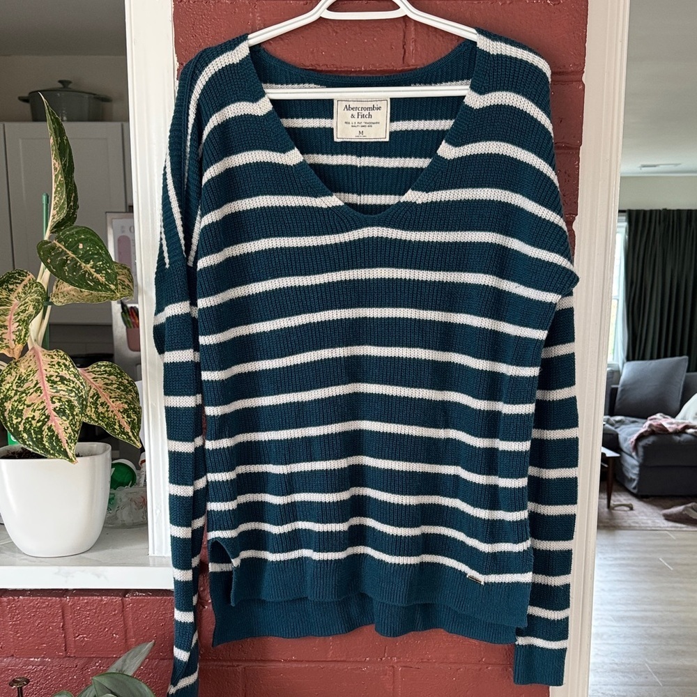 Abercrombie & Fitch Teal and White Striped Knit V-Neck